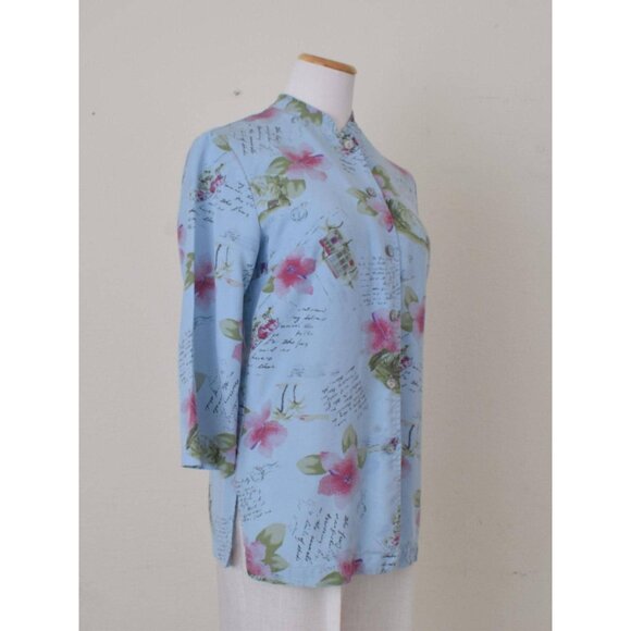 Vintage 90s Blue Floral Print Blouse by AKS Amy K Su | size S - Picture 3 of 10